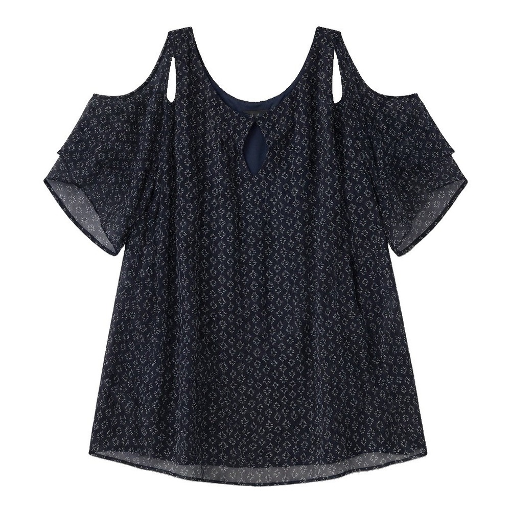 Lane Bryant Plus Size 20 Navy Floral Short Sleeve Cold Shoulder Sheer Lined Top